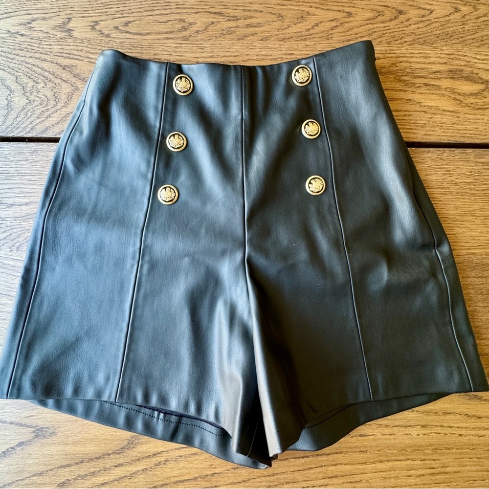NWT Zara faux leather Bermuda shorts with gold buttons. Black, size S.